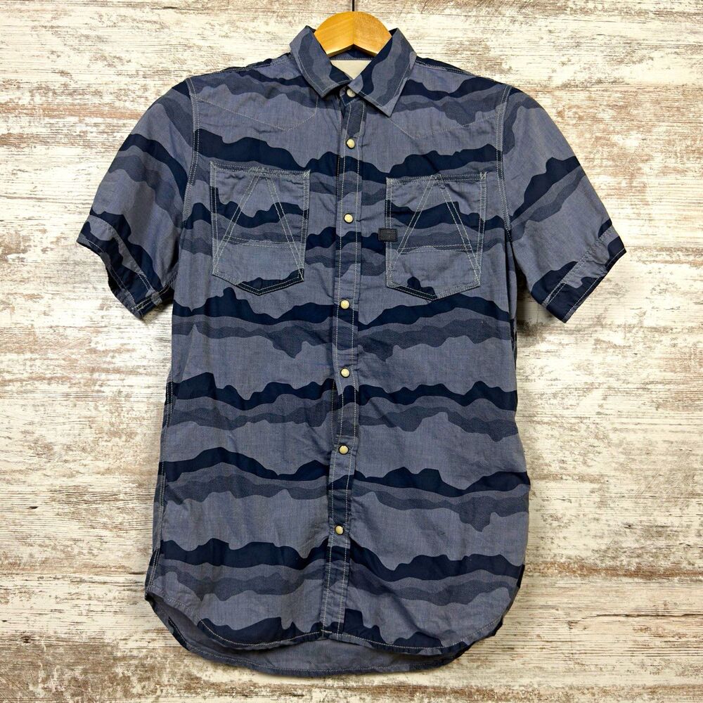G-Star Raw A Crotch Yoshem Camo Shirt Mens Medium M Blue Grey Western Pearl Snap